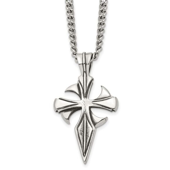 Men's Stainless Steel Large Antiqued Dagger Cross Necklace, 22 Inch - Picture 1 of 6